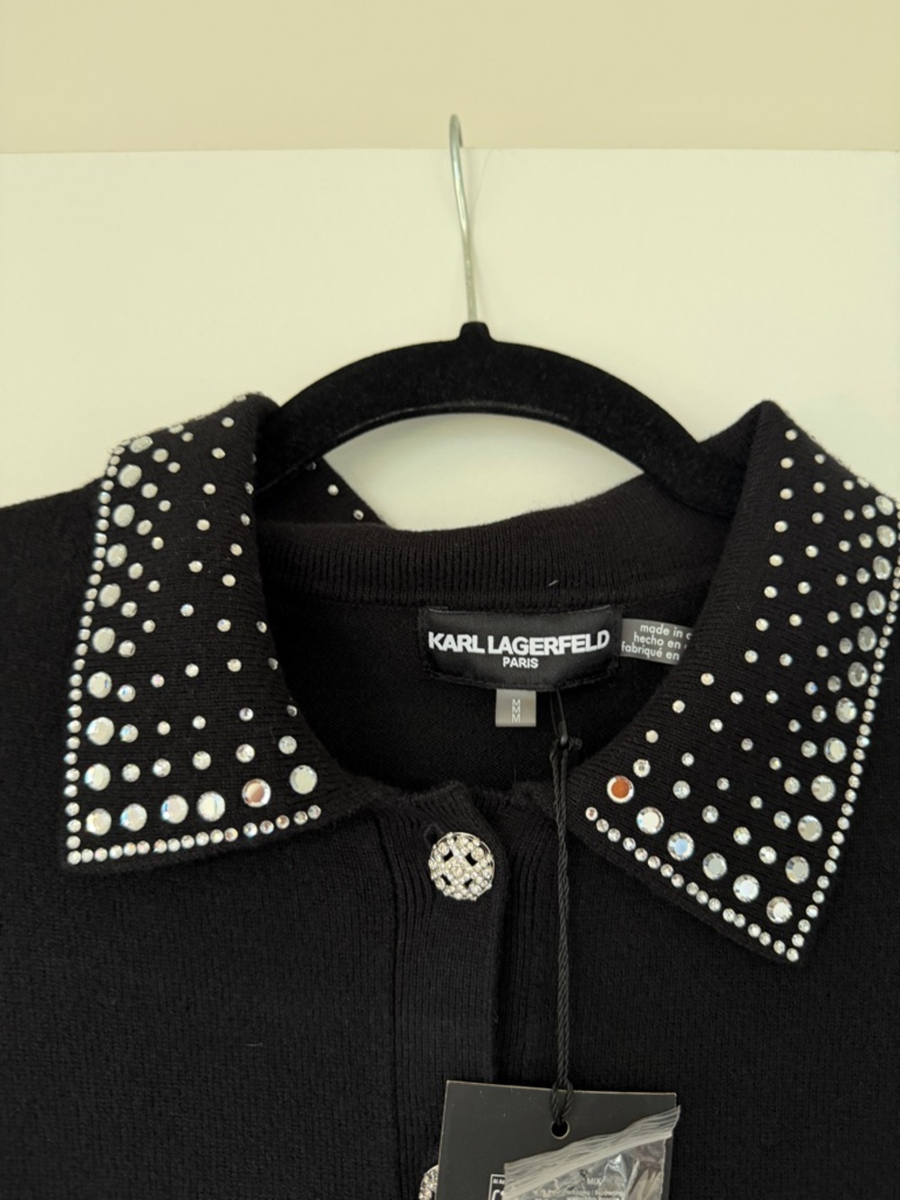 Karl Lagerfeld Black Short-Sleeve Polo with Studded Collar NWT - Picture 4 of 9